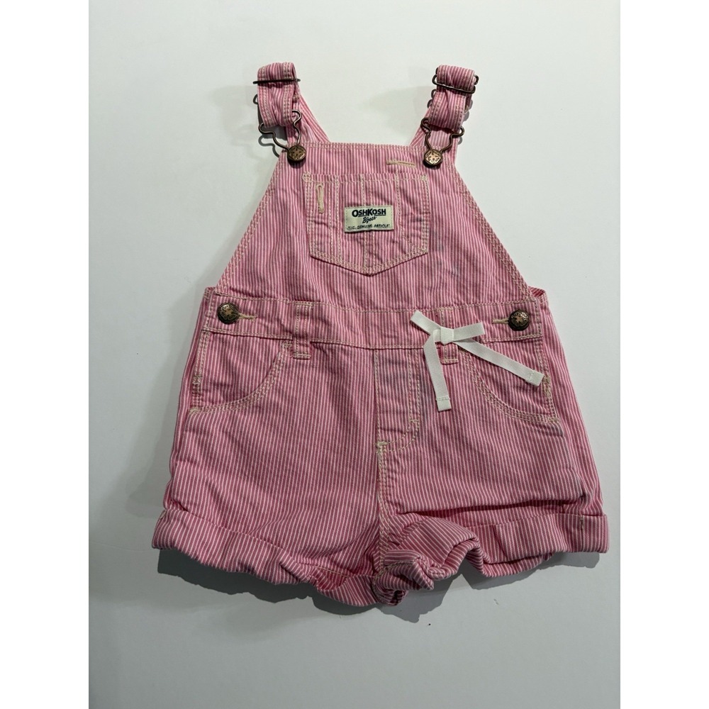 Vintage Oshkosh B'Gosh Pink Striped Shortall Vestback Overalls‎ Romper 12m